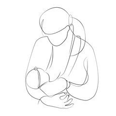 One continuous line drawing on white isolated background. Minimalism linear illustration. mother, children, newborn, family, care, female, breastfeed, baby, breast