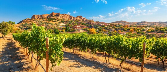 Naklejka premium Scenic Vineyard Landscape with Mountains Under Bright Blue Sky