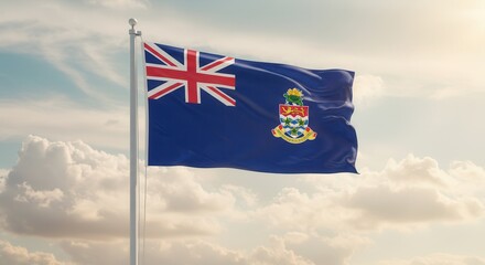 Cayman Island National Flag Waving on Tall Flagpole in Sky with Clouds – Cayman Island Independence Day Celebration, Patriotism, Freedom, Cayman Island Culture & Heritage