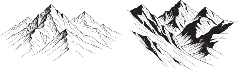 Vector art of detailed sketch of mountain peaks and range isolated on white background