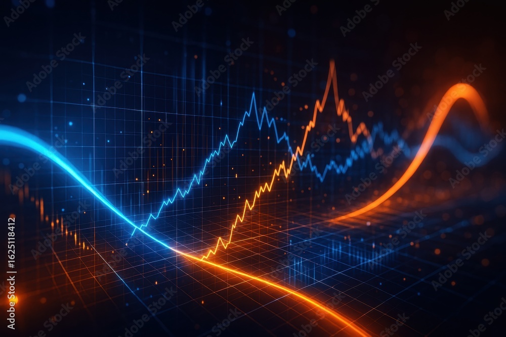 Poster financial chart: a vibrant and intricate visualization of financial data, with dynamic lines tracing
