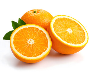 Fototapeta premium Vibrant Fresh Oranges with Green Leaves on White