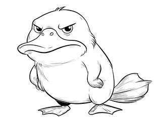 A cartoon platypus with an angry expression, illustrated in a monochromatic style, standing proudly against a clear background, conveying its distinct features and personality.