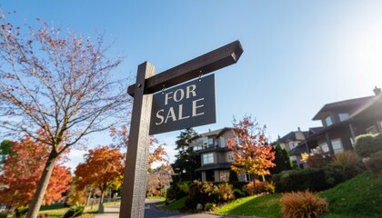 Autumnal real estate opportunity with a 'For Sale' sign posted in a residential neighborhood with colorful fall foliage and a modern house.