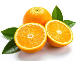 Fototapeta premium Vibrant Oranges: Whole and Sliced with Fresh Green Leaves on White