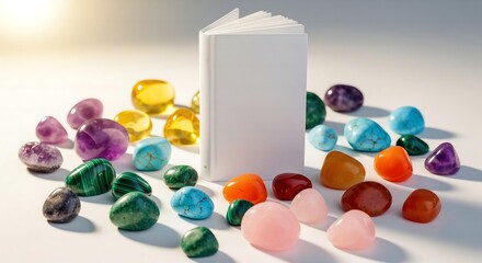 A colorful photorealistic image of a blank, white book surrounded by a beautiful, scattered collection of polished, semi-precious gemstones.