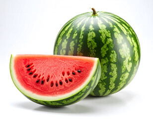 Fresh Watermelon and Juicy Slice on White Background