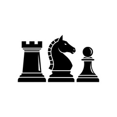 An illustration of three iconic black chess piece silhouettes: a Rook, a Knight, and a Pawn. 
