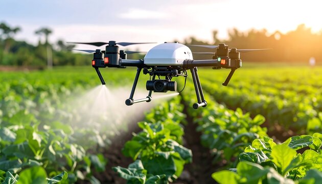 Agricultural drone spraying crops in a field at sunset, precision farming technology