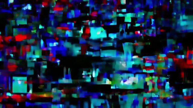 An abstract glitch art video featuring vibrant, pixelated patterns in blue, red, and green hues. The video explores digital distortion and visually captivating digital art techniques. - Powered by Adobe