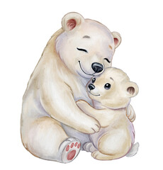 Cute watercolor illustration of a polar bear hugging its baby. Warm and loving animal family scene, hand-painted in soft pastel tones on a white background. Perfect for nursery or kids design