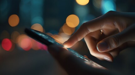 Close-up of fingers scrolling on a mobile phone with blurred background