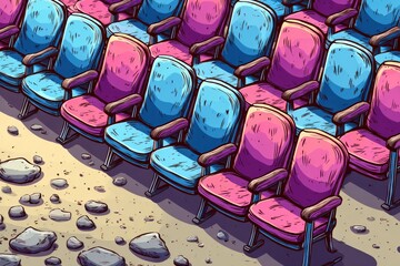 Empty seats of varied colors in a deserted theater contribute to a one-of-a-kind atmosphere when dusk falls