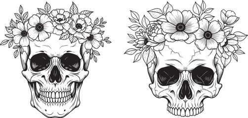Vector art of two skulls adorned with flower wreaths, isolated on white background
