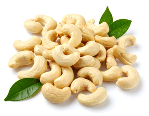 Fototapeta premium Fresh Cashew Nuts with Green Leaves Isolated on White