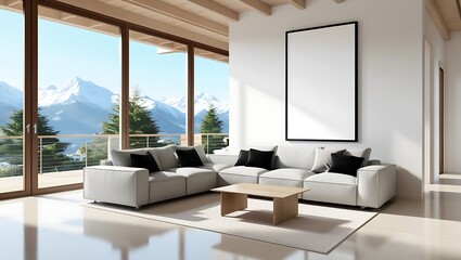 Frame mockup, ISO A paper size. Living room wall poster mockup. Interior mockup with house background. Modern interior design. 3D render	