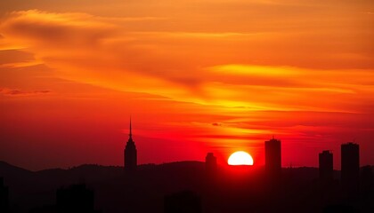 Dark silhouette against vibrant city sunset skyline, photography, horizon