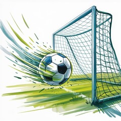 Vibrant Watercolor Illustration of a Soccer Ball Striking the Goal in a Dynamic Moment of Play