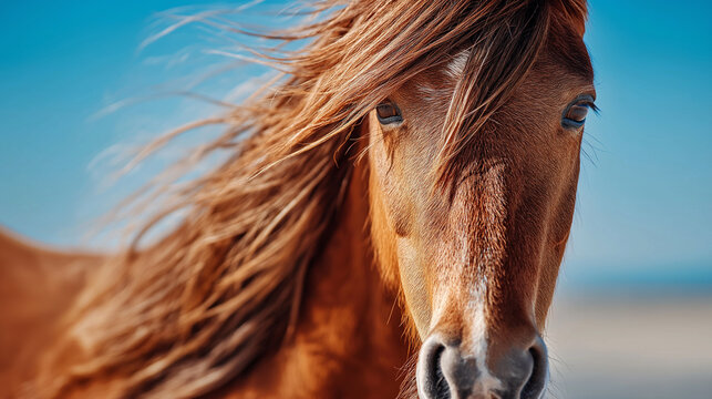 Detailed close-up of a chestnut horse's head with mane flowing in the wind against a blue sky. Ideal for equestrian, freedom, and nature-related themes with copy space available. - Powered by Adobe