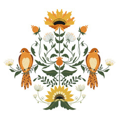 Vibrant floral design featuring birds and sunflowers in warm autumn tones