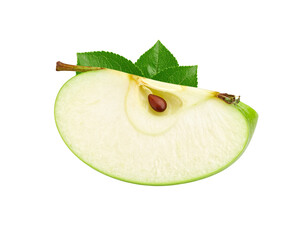 A fresh slice of a green apple with a single seed stem and two vibrant green leaves.