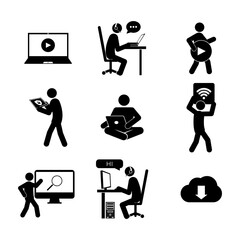 Set of stick figures, internet technologies and social networks isolated on white background, flat vector illustration.