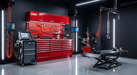 Organized automotive workshop with red tool chest, diagnostic equipment, and hydraulic lift