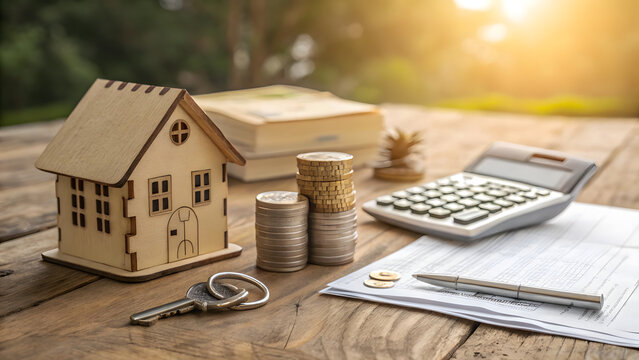 This real estate concept shows a house on a calculator, symbolizing the financial investment and careful calculation of a home loan or investment