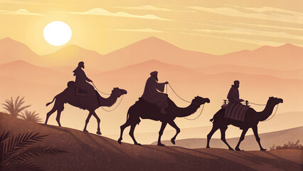 Fototapeta premium A lone camel's silhouette traverses the Sahara desert dunes at sunset, a serene illustration of summer travel