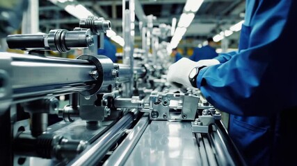 In this detailed look at an assembly line, workers focus intently on machinery, performing precision tasks. The video highlights the intricacies and coordination essential in advanced manufacturing.