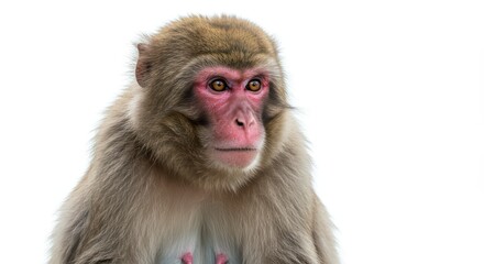 Snow monkey portrait against white background
