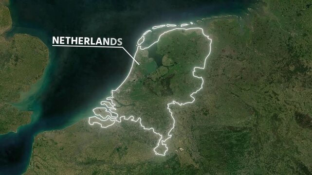 Zoom from Earth to the Netherlands. Glow outline map animation satellite view with highlighted country borders. Cinematic documentary 3d world map animation highlights aerial views and travel. 4k