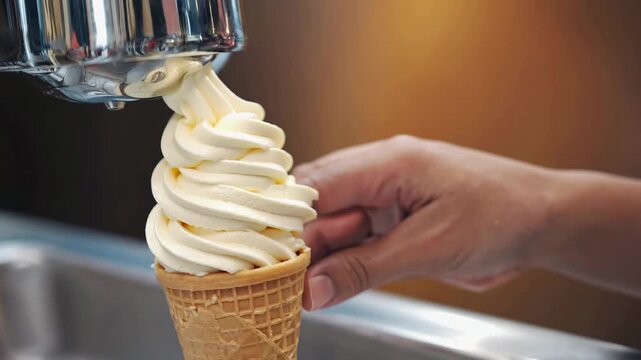 Close‑Up Slow Motion of Vanilla Soft‑Serve Ice Cream Swirling on Waffle Cone
