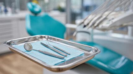 Close-up of stainless tray with dental mirror fogged slightly from use, scalpel, and curved elevator positioned with surgical precision, beside a reclining teal dentist chair