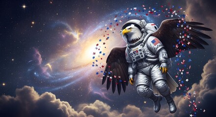 Fototapeta premium Celestial Patriot: Eagle Astronaut Amidst a Cosmic Star Trail