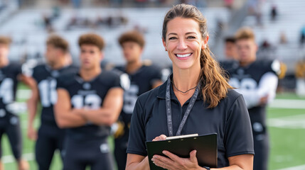 Smiling female athletic coach with a ponytail and whistle around her neck gestures toward her clipboard, players huddle behind her on the grassy football field, teamwork energy rad