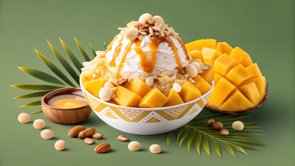 Indulgent mango shaved ice dessert with creamy topping and crunchy nuts