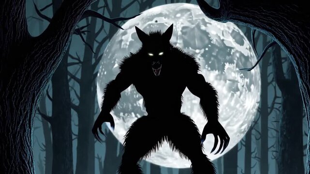 Under the full moon's eerie gaze, a fearsome werewolf stands amongst the trees, casting a haunting shadow in the darkened forest. Its glowing eyes pierce the night, evoking tales of terror and mystery