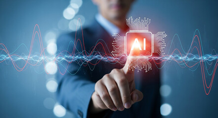 Person touching glowing artificial intelligence chip with data streams