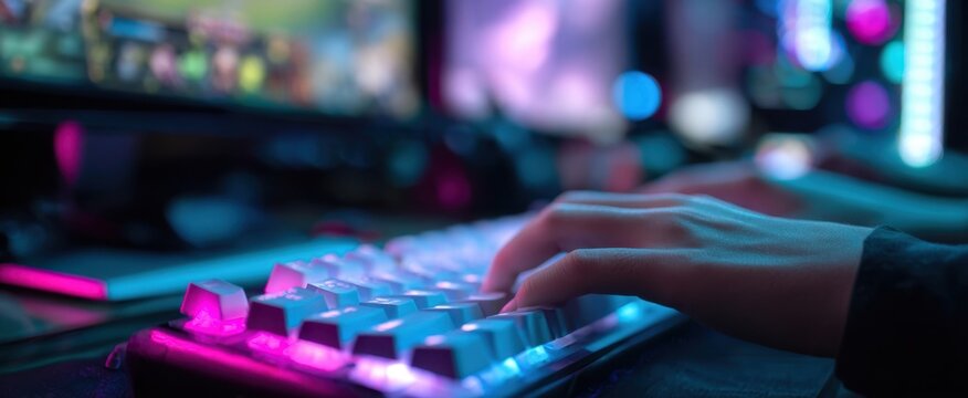 The gaming keyboard illuminated by vibrant RGB lights in an engaging setup.