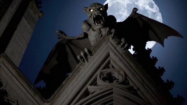 A gargoyle stands ominously on a gothic cathedral, silhouetted against the full moon. Its eyes flash with eerie light, creating an atmosphere of mystery and ancient secrets waiting to be uncovered.