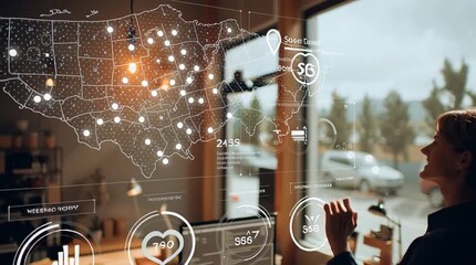Business owner in a modern office analyzes a floating holographic dashboard with real-time sales data, a world map showing new customer locations, a rising sales counter, and live inventory updates.
 - Powered by Adobe