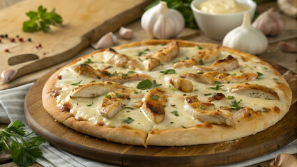 Creamy Garlic Chicken Pizza on Rustic Wooden Board