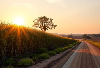 Golden hour light bathes rows of crops beside a dusty road, Jefferson County's rural landscape , farmland, texture