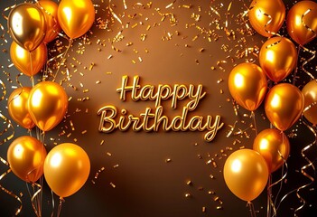 Golden confetti and luxury balloons form a festive birthday border,  vibrant,  glitter