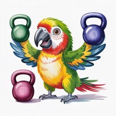 Bright and Playful Watercolor Illustration of a Parrot Exercising With Kettlebells