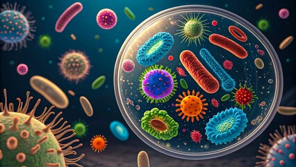 Colorful microscopic view of bacteria, viruses, and cells inside a petri dish representing microbiology, infection, and microscopic science research

