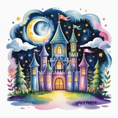 Whimsical Watercolor Illustration of a Fairytale Castle Under a Starry Night Sky