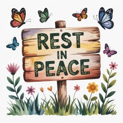 Vibrant Watercolor Illustration of a Peace Sign Surrounded by Colorful Butterflies and Flowers in a Serene Setting