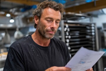 A chef in a modern kitchen examines a paper with concentration, surrounded by professional cooking equipment and ingredients ready for preparation, showcasing culinary dedication.